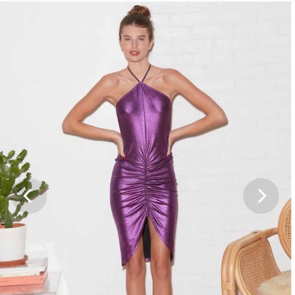 Fluer de Mal Drappe Liquid Halter Purple Ruched Mini Dress